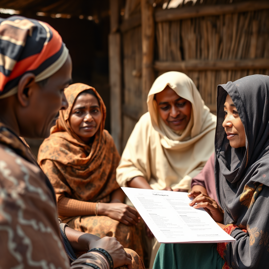 A photorealistic image depicting STIA representatives meeting with rural community members to explain Takaful insurance. The setting is a rural Somali village. The lighting should be warm and inviting. Focus on the expressions of understanding and trust on the faces of the community members. 4K resolution.
