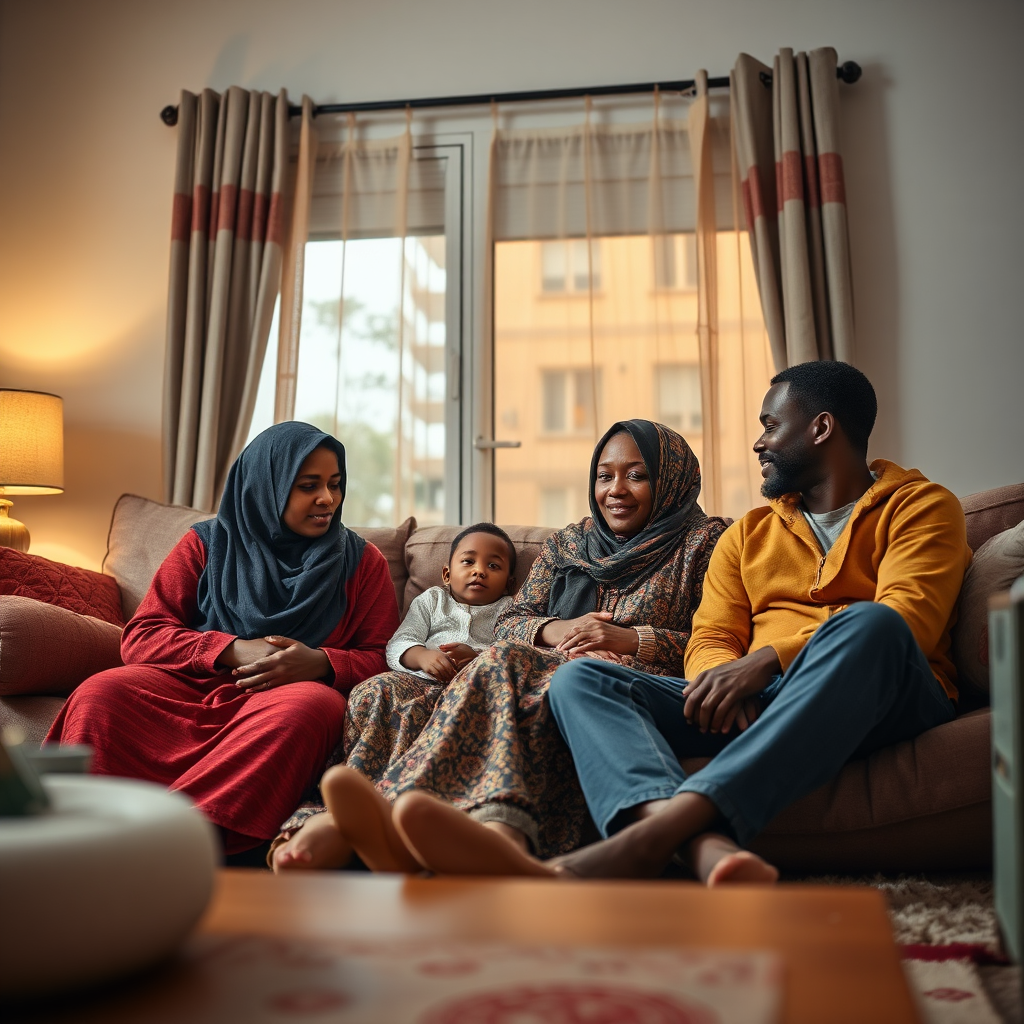 A photorealistic image of a Somali family relaxing at home, feeling secure and protected. The scene should be warm and inviting, conveying a sense of peace of mind. 4K resolution.