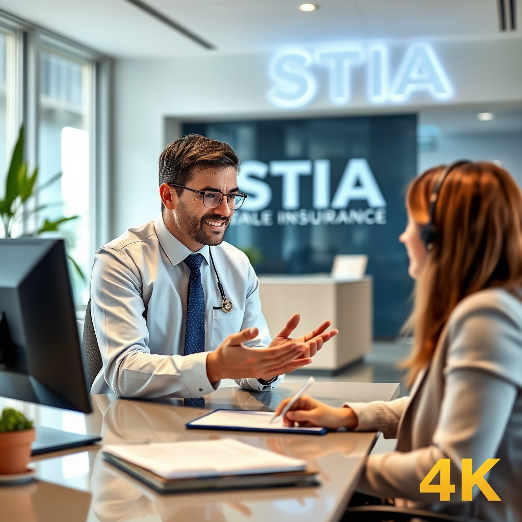A photorealistic image of an STIA insurance agent providing personalized advice to a client. The setting is a modern and welcoming STIA office. Focus on the interaction and the sense of trust between the agent and the client. 4K resolution.