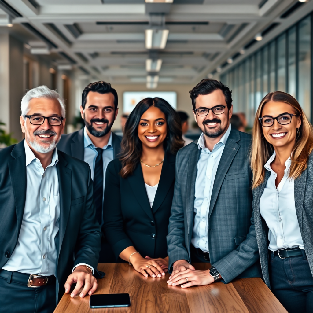 A photorealistic image of the STIA management team, showcasing their diversity and expertise. The setting is a dynamic and collaborative workspace. 4K resolution.