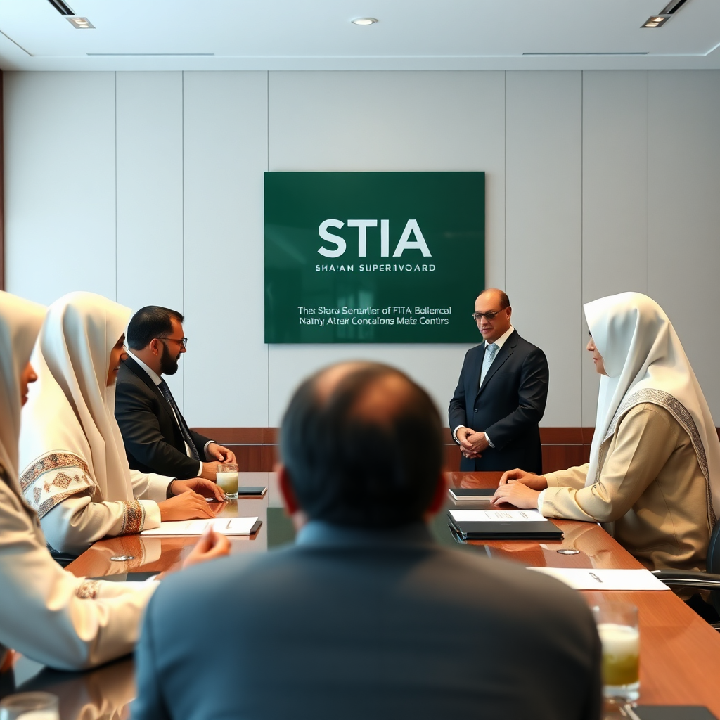 A photorealistic image of the STIA Sharia Supervisory Board members in a meeting, discussing and reviewing the compliance of insurance products with Islamic principles. The setting is a formal and respectful environment. 4K resolution.
