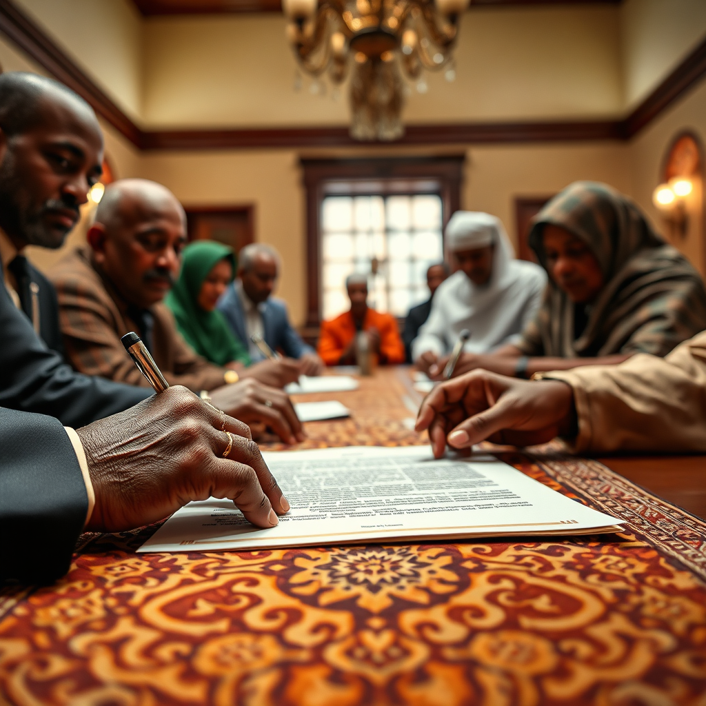 A photorealistic image showcasing the signing of the STIA charter. Focus on the hands of Somali elders and business leaders signing the document, symbolizing commitment and tradition. The setting is a well-lit, traditional Somali building. Use a warm color palette to convey respect and history. Capture the texture of the paper and the intricate designs on the table. The lighting should be soft and respectful. The camera angle is a close-up to emphasize the hands and the document. 4K resolution.