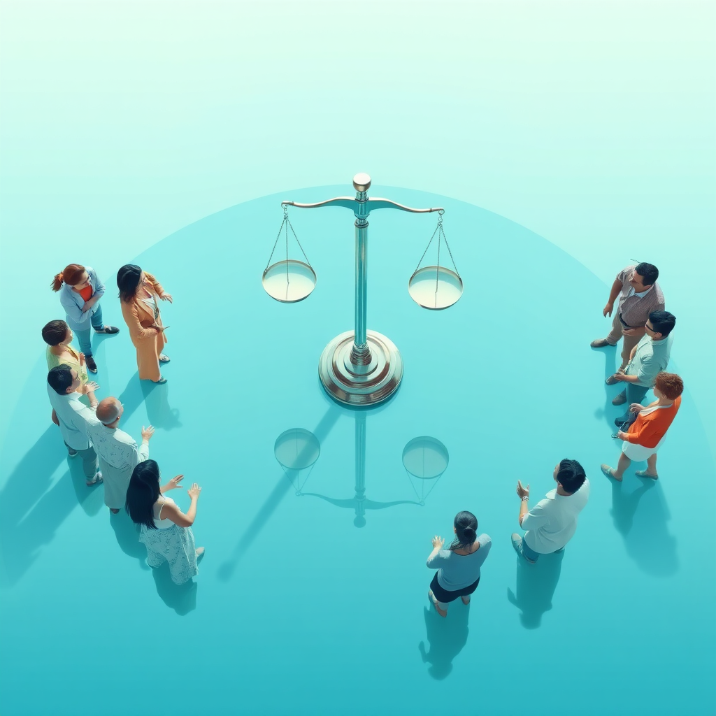 A stylized image representing transparency and fairness. Depict a clear, reflective pool of water reflecting a balanced scale. Around the pool, show diverse individuals engaging in respectful dialogue. Use a calming blue and green color palette. The lighting should be bright and even, symbolizing clarity. The camera angle is an overhead shot, emphasizing the balance and harmony. 4K resolution, stylized realism.