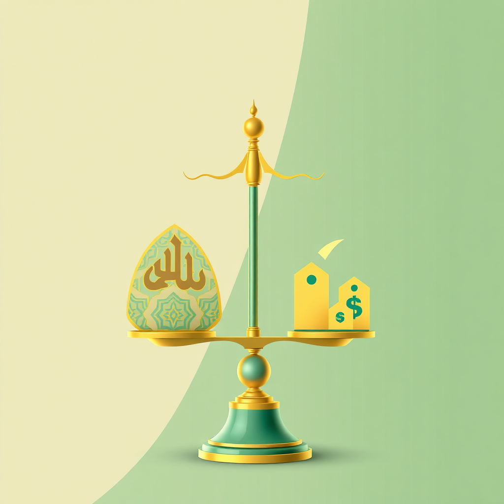 A stylized image showing a balance scale with Islamic geometric patterns on one side and modern insurance symbols on the other, representing the fusion of traditional values and contemporary financial solutions. The color palette should be gold and green. 4K resolution, stylized.