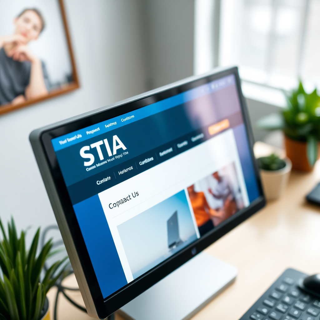 An image that shows a computer monitor displaying the STIA website, with a focus on the 'Contact Us' or 'FAQ' section. It should feel helpful and resourceful. 4K resolution.